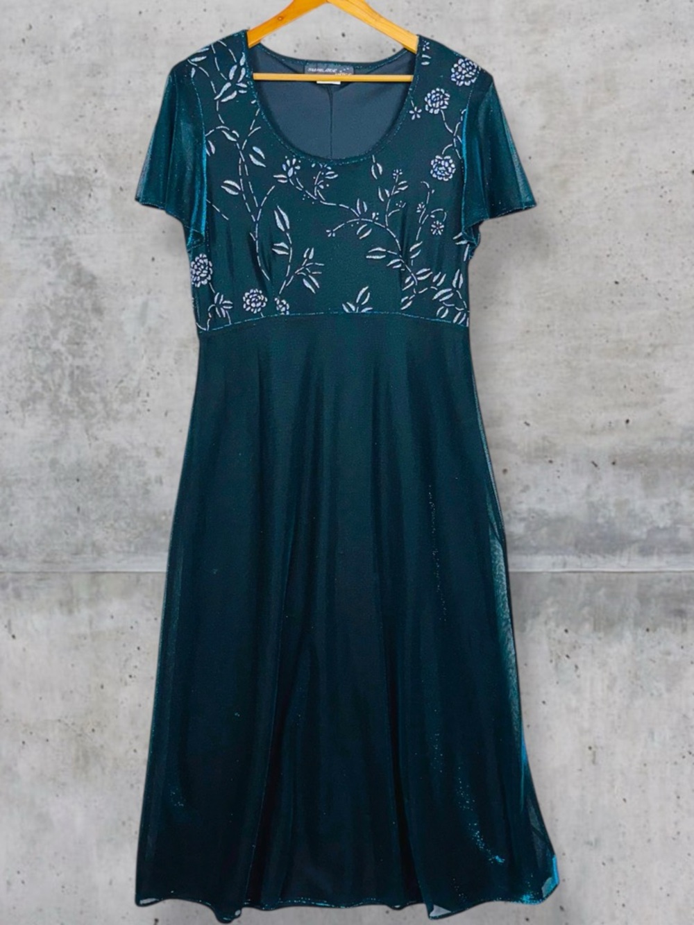 Vintage 90s Metallic Floral Print Flutter Sleeve Fairycore Prom Maxi Dress Blue